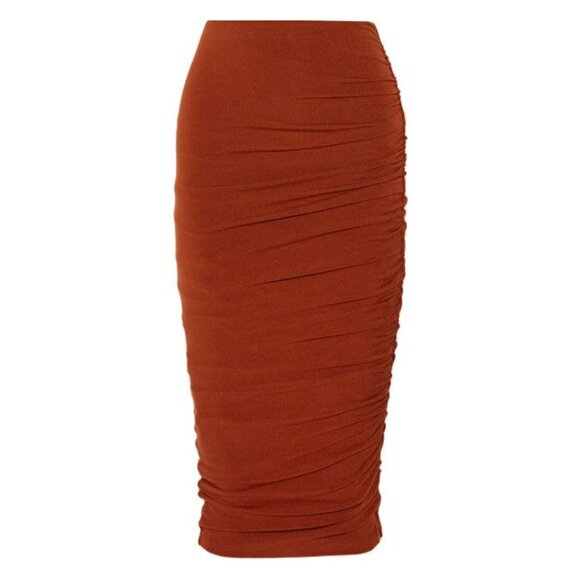 alice + olivia | Mindie Ruched Midi Fitted Skirt in Rust / Terracotta Size Small - Picture 1 of 6